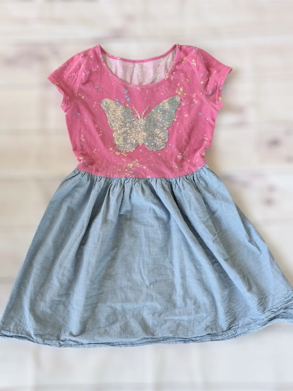Children's Place Girl's Dress Pink Cotton Blue Butterfly - Medium 7/8 Sequin - Picture 1 of 12